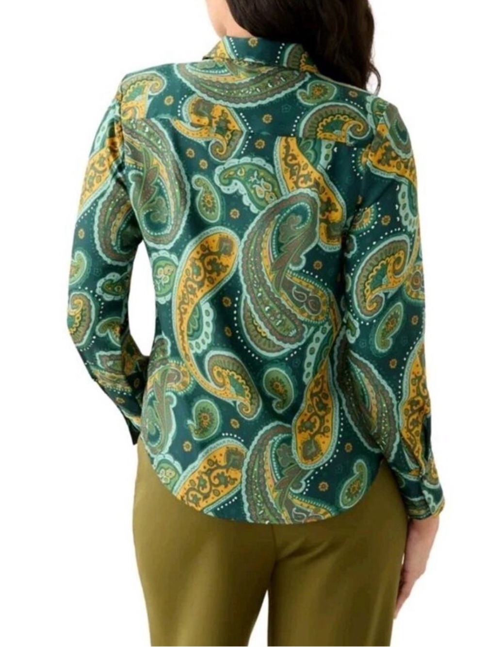 Chelsea & Theodore Paisley Satin Button Down Blouse Large Business Casual Boho - Picture 6 of 6